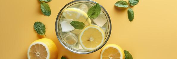 Limonade im ein Glas mit frisch Zitronen und Minze. kalt Sommer- trinken mit Kopieren Raum. generativ ai foto