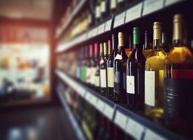 abstrakt verwischen Wein Flaschen auf Alkohol Alkohol Regale im Supermarkt Geschäft Hintergrund. generativ ai foto