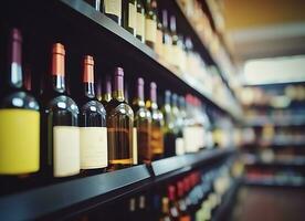 abstrakt verwischen Wein Flaschen auf Alkohol Alkohol Regale im Supermarkt Geschäft Hintergrund. generativ ai foto