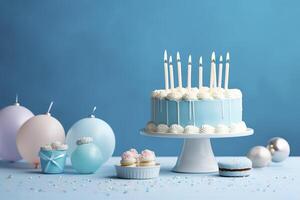 Geburtstag Kuchen mit Kerzen und Süßigkeiten auf Weiß Tabelle in der Nähe von Blau Mauer. generativ ai foto