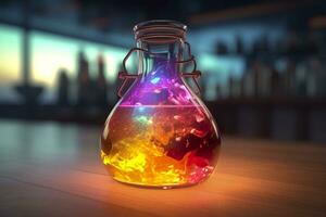 schließen oben von ein Wissenschaft Becherglas gefüllt mit multi farbig Flüssigkeiten. ai generativ foto