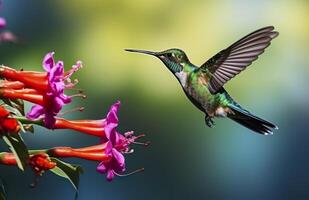 Kolibri Vogel fliegend Nächster zu ein schön rot Blume mit Regen. ai generiert foto