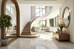 das Innere Design von das modern Eingang Halle mit ein Treppe im das Villa. ai generiert foto