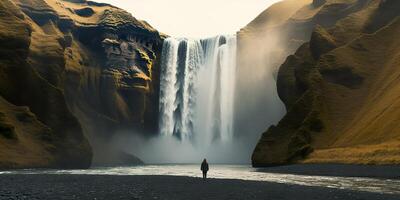 Frau mit Blick auf Wasserfall. generativ ai foto