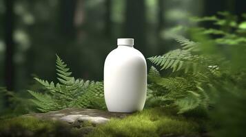 natürlich kosmetisch Produkt Präsentation hinter den Kulissen. draußen Wald Platzierung. Weiß leer Krug Shampoo Flasche. 3d. ai generativ foto