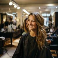 ein Frau bekommen ein Haarschnitt im ein Salon foto