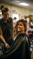 ein Frau bekommen ein Haarschnitt im ein Salon foto