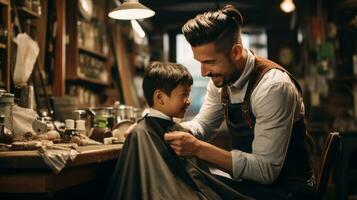 ein Barbier Trimmen ein Jungs Haar mit Schere foto