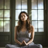 ein Frau ist gezeigt tun Yoga im ein detailliert Foto