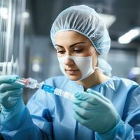 ein medizinisch Arbeiter im ein Weiß Mantel und Blau Gummi Handschuhe füllt ein Spritze mit Medizin von ein Ampulle durch ein Nadel. foto
