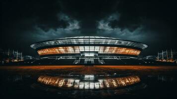 Fußball Stadion Innerhalb beim Nacht mit Beleuchtung nach Produktion foto