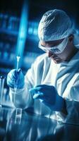 ein medizinisch Arbeiter im ein Weiß Mantel und Blau Gummi Handschuhe füllt ein Spritze mit Medizin von ein Ampulle durch ein Nadel. foto