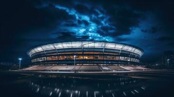 Fußball Stadion Innerhalb beim Nacht mit Beleuchtung nach Produktion foto