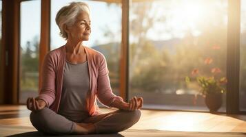 das Alten Frau ist Sitzung mit gekreuzten Beinen auf ein lila Yoga Matte foto