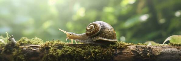 ein Reise durch das Wald. Nahansicht von ein Schnecke im das Wald mit natürlich Hintergrund. ai generativ foto