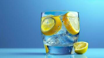 frisch cool Limonade Innerhalb wenig Glas mit Eis auf Blau Hintergrund Wasser kalt Saft Cocktail Farbe. ai generativ foto