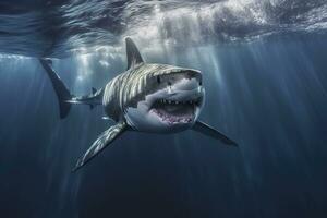 das König von das Ozean, das großartig Weiß männlich Hai Jäger unter Wasser Sicht, Guadalupe Insel, Mexiko. ai generativ foto