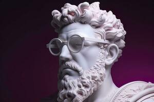 das Kopf von ein Weiß mythologisch Statue mit modisch Rosa Brille auf seine Augen, Rahmen im Profil. ai generativ foto