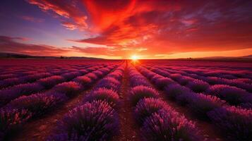 Sonnenuntergang Über endlos Lavendel Felder. erstellt mit generativ ai foto