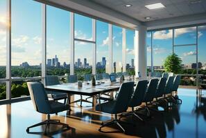 modern Büro Treffen Zimmer Innere mit Glas Fenster. erstellt mit generativ ai foto