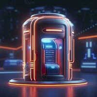 futuristisch Illustration von zylindrisch Auto Batterie, elektrisch Batterie Bahnhof beim ein Gas Bahnhof. ai generativ foto
