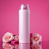 Amazonas Produkt Bild Körper waschen, Zylinder Flasche solide Farbe Rosa Hintergrund, mit Rosen, ai generativ foto