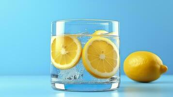 frisch cool Limonade Innerhalb wenig Glas mit Eis auf Blau Hintergrund Wasser kalt Saft Cocktail Farbe. ai generativ foto