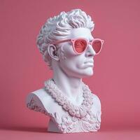 das Kopf von ein Weiß mythologisch Statue mit modisch Rosa Brille auf seine Augen, Rahmen im Profil. ai generativ foto