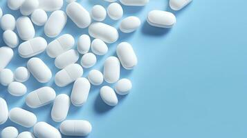 oben Aussicht Weiß Medizin Tablets Antibiotikum Tabletten auf ein Sanft Blau Hintergrund, Kopieren Raum, Apotheke Thema, ai generativ foto