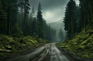 Landschaft mit leeren Straße durch Wald. Reise. erstellt mit generativ ai foto