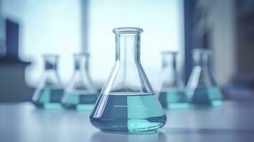 ein Wissenschaft Becherglas im das Labor auf ein Tabelle Weiß und Licht Blau Hintergrund. Labor Ausrüstung aus von Fokus. ai generativ foto
