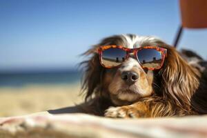 Hund Hündchen tragen Sonnenbrille, Lügen auf ein Sonnenbank zu Sonnenbad beim das Strand Meer auf Sommer- Urlaub, Feiertage. komisch Konzept. ai generativ foto