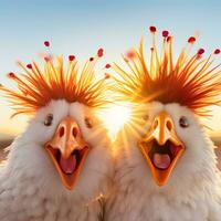 süß Hühner mit Orange Augen auf ein Hintergrund von Sonnenuntergang. ai generativ foto