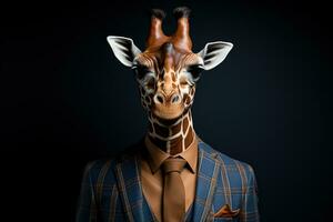 Porträt von ein Giraffe im ein passen und Krawatte auf ein schwarz Hintergrund. anthropomorph giraffe.ai generativ foto