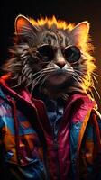 Porträt von ein Bengalen Katze tragen Sonnenbrille und ein Jacke. ai generativ foto