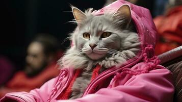 Katze im ein rot Rosa Jacke und Kapuzenpullover Sitzung auf ein Stuhl. ai generativ foto