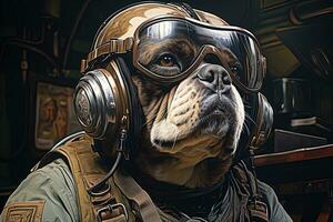 Porträt von ein Französisch Bulldogge im Flieger Helm. anthropomorph Tier. ai generativ foto