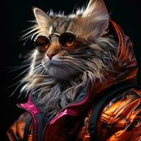 Porträt von ein Bengalen Katze tragen Sonnenbrille und ein Jacke. ai generativ foto