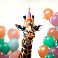 Giraffe Kopf mit bunt Luftballons isoliert auf ein Weiß Hintergrund. ai generativ foto