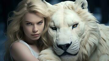 Porträt von ein schön Frau mit ein Weiß Löwe. Schönheit, Mode. ai generativ foto