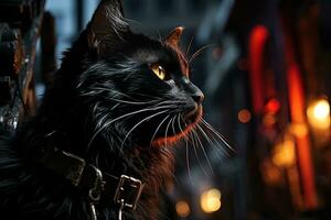 schwarz Katze im das Nacht. ai generativ foto