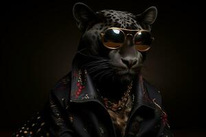 Porträt von ein Leopard im ein Jacke auf ein dunkel Hintergrund. anthropomorph Leopard. ai generativ foto