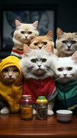 Katzen im ein Cafe Katzen Versammlung im ein Cafe mit Lebensmittel ai generativ foto