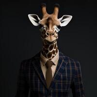 Porträt von ein Giraffe im ein passen und Krawatte auf ein schwarz Hintergrund. anthropomorph giraffe.ai generativ foto