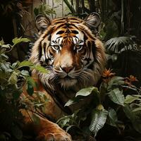 schön Tiger Gesicht mit Blumen und Blätter auf schwarz Hintergrund. ai generativ foto