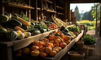 geschäftig fallen Bauern Markt randvoll mit ein bunt Array von Kürbisse und frisch herbstlich Gemüse. ai generiert foto