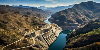 Wasserkraft Leistung Damm überspannend ein Fluss eingebettet inmitten robust Berg Terrain. ai generiert foto