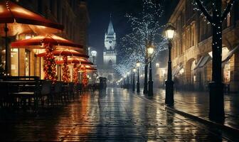 Stadt Straße eingetaucht im das zauberhaft glühen von festlich Beleuchtung auf ein Weihnachten Nacht. ai generiert foto