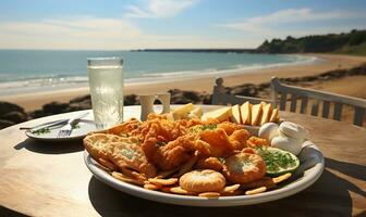 ein Teller von knusprig Fisch und Chips. ai generiert foto