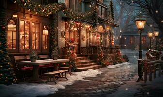 Dorf Platz geschmückt mit funkeln Weihnachten Beleuchtung. ai generiert foto